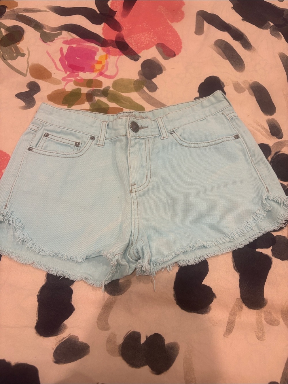 Free People Light Blue Frayed Hem Denim Shorts